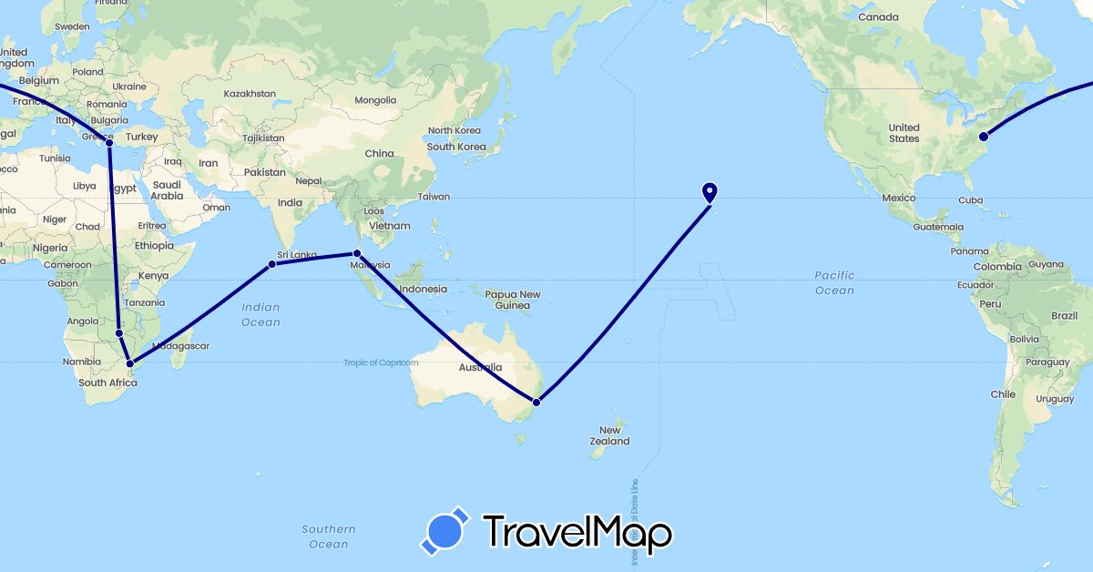 TravelMap itinerary: driving in Australia, Greece, Maldives, Thailand, United States, South Africa, Zambia (Africa, Asia, Europe, North America, Oceania)